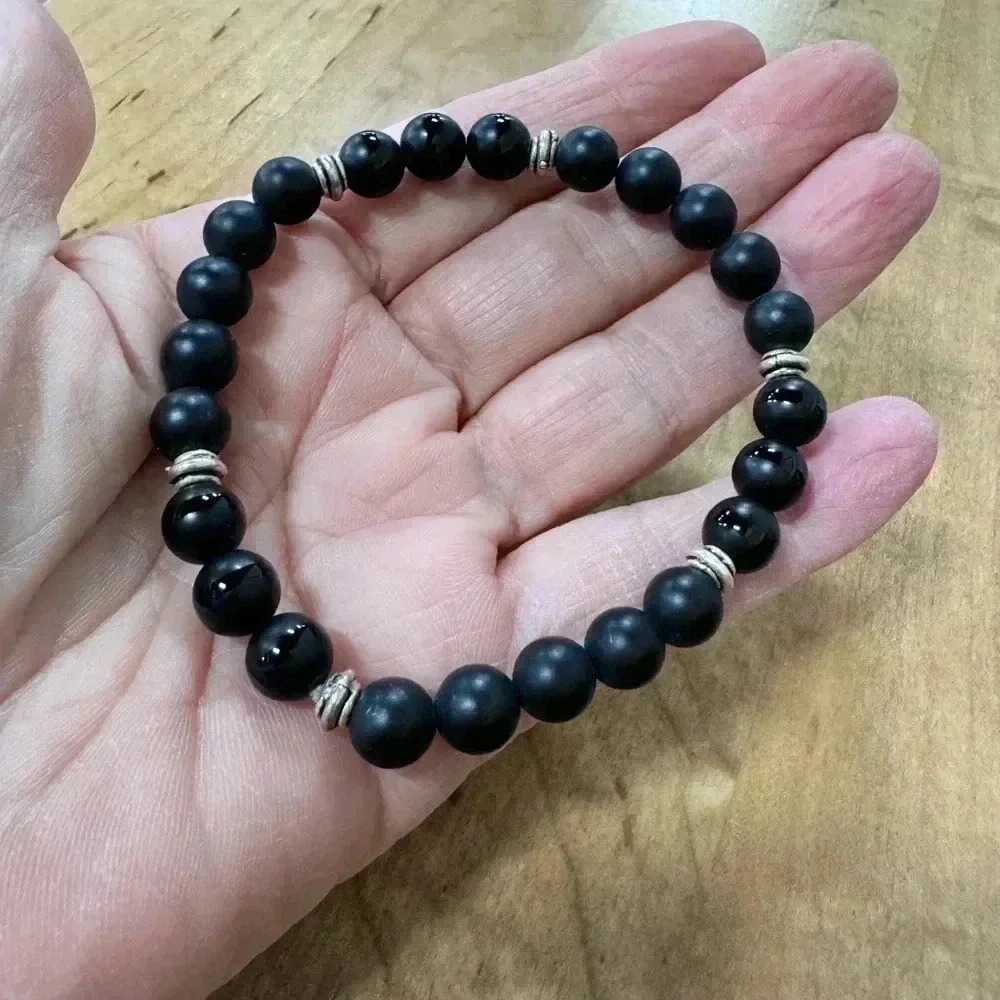 Black Onyx,Mens Bracelet,Womens Bracelet,Stretch Bracelet, Bali Silver Beads